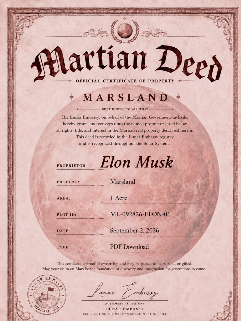 Martian Deed — Elon Musk